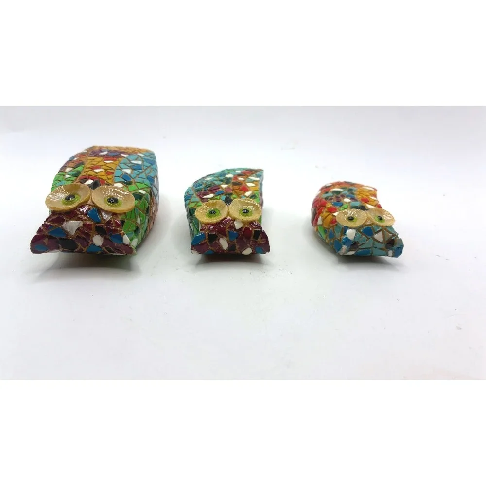 Mosaic Style Owl Gaudi Style Figurine Set 3in 2in 1.5in Multicolor Resin Decor